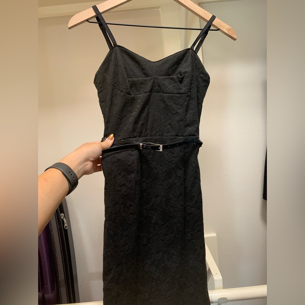 Elegant Belted structured mid length black dress with slit in back